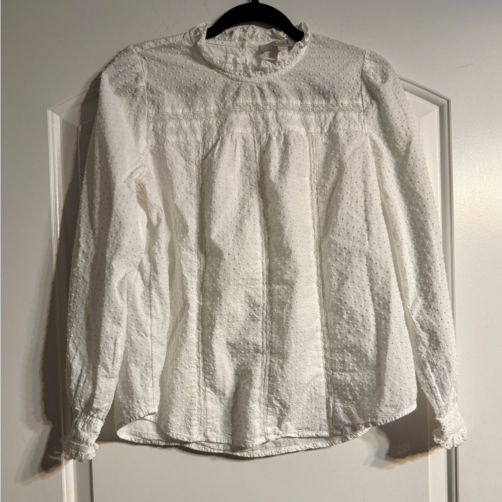 LOFT White Lace Trim Blouse with Swiss‎ Dot Pattern - Medium